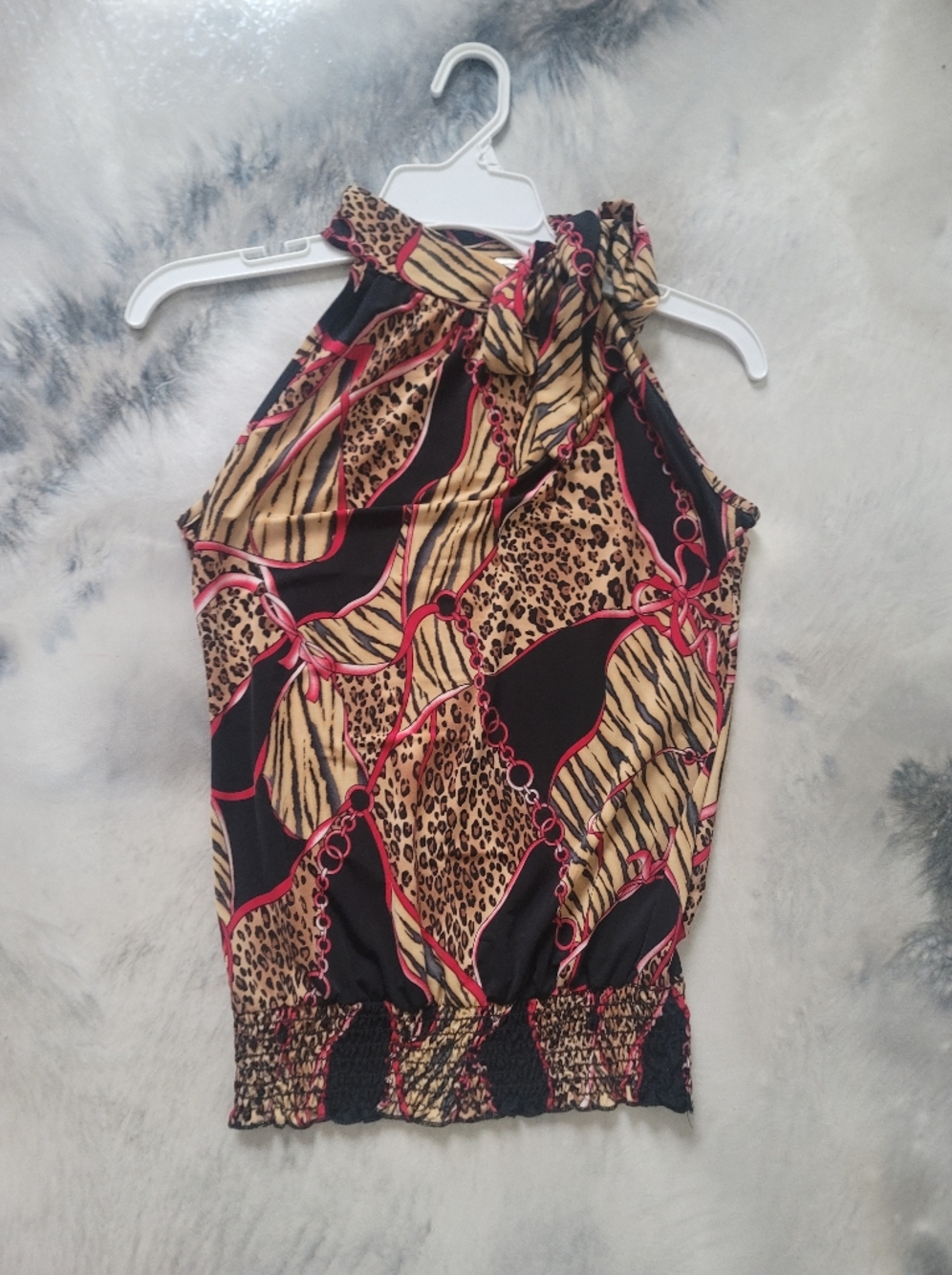 Sleeveless Animal-Print Halter Top in Black and Tan